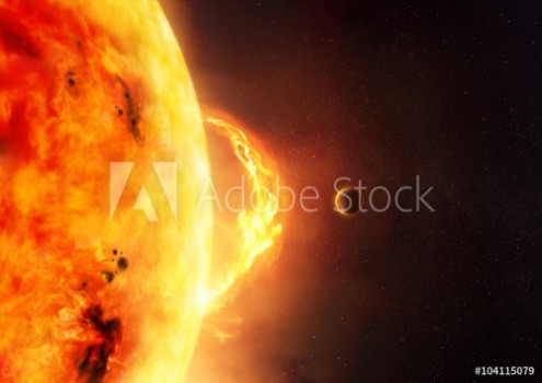 Bild på The Sun - Solar Flare An illustration of the sun and sun flare with a planet to give scale to the size of the flare